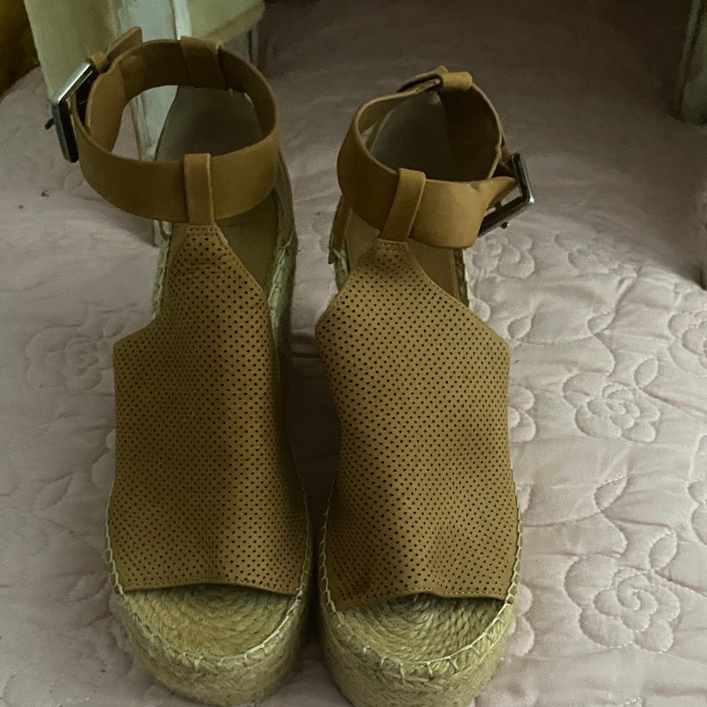 Marc Fisher Perforated Tan Espadrille Wedge Sandals